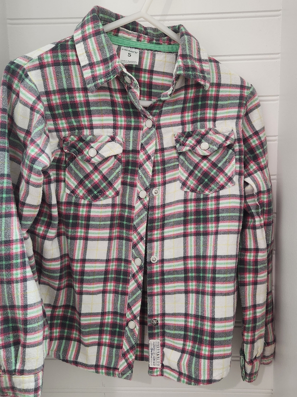 Carter's White Plaid Snap-Down Shirt with Pink & Green Trim